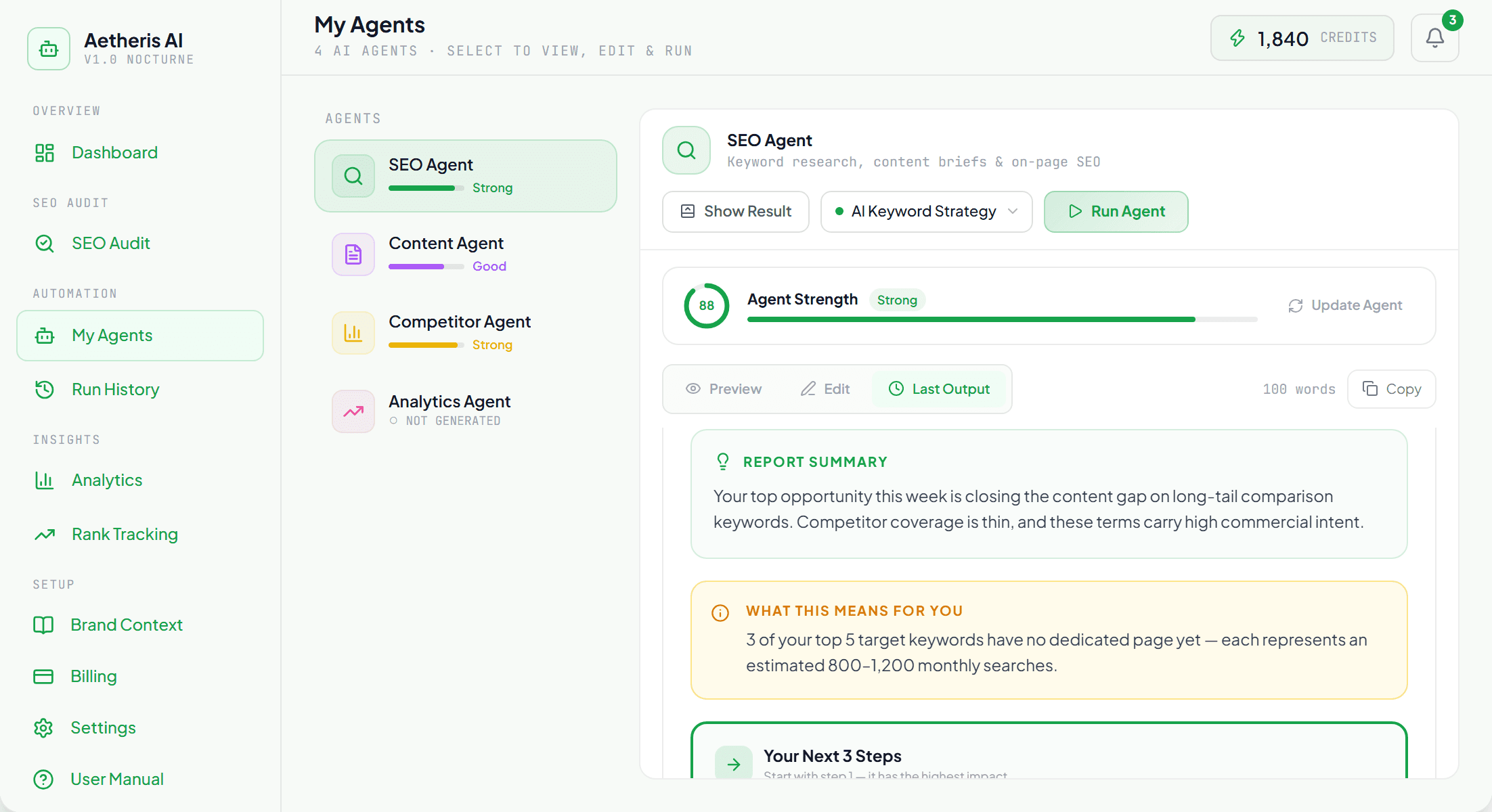 Sample AI keyword strategy report from the Aethriss AI SEO agent