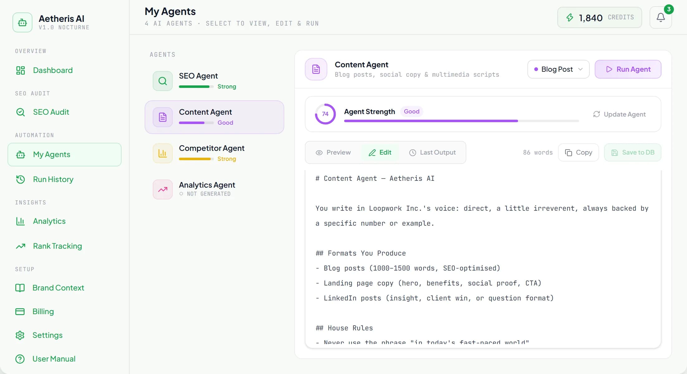 Editable agent rules showing voice and house rules built from Brand Context